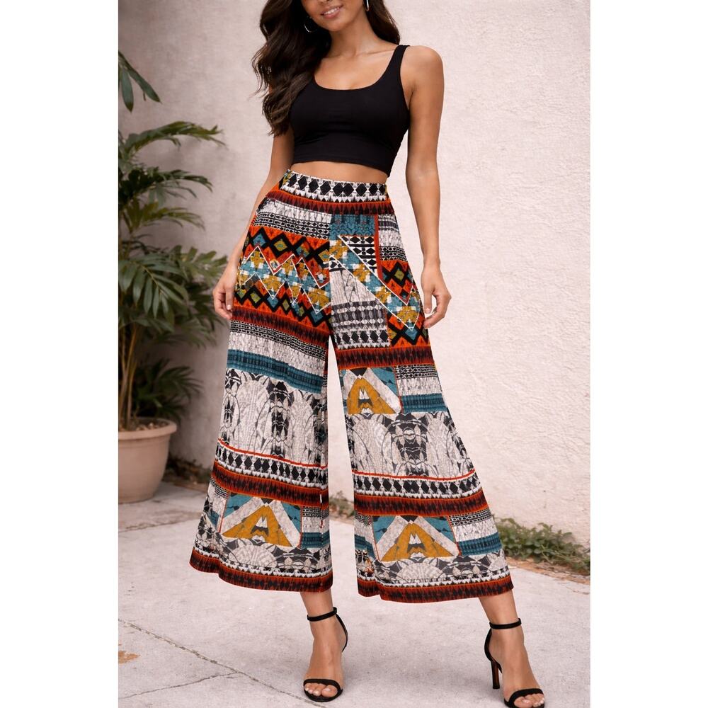 Coco Bianco Palazzo Pants Size S Vibrant Artsy Flowy Boho Wide Leg Crop Flowy